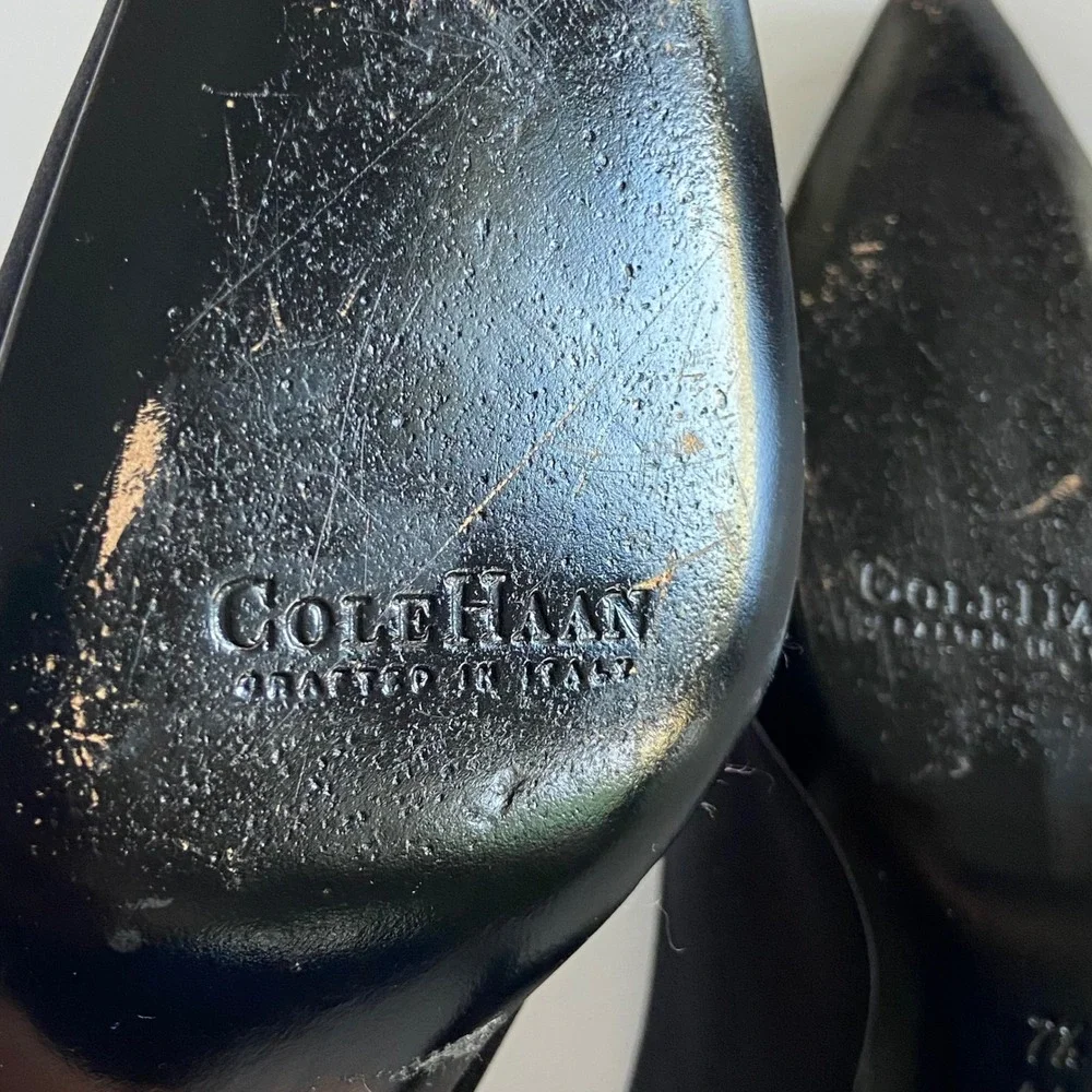 Cole Haan Evening Black Satin Slingback Pumps Pointed Toe Stiletto Heels 7.5 AA
